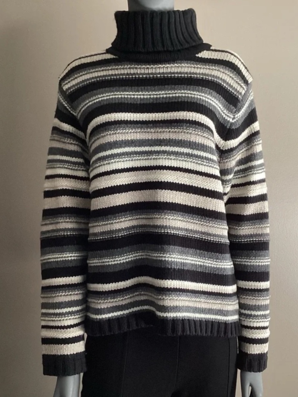 Eddie Bauer Black, Gray & Cream Striped Turtleneck Sweater